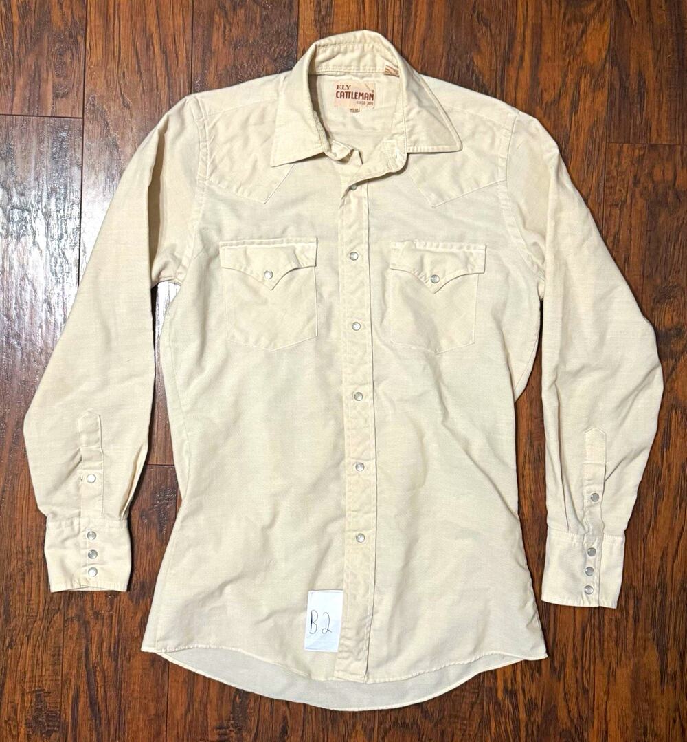Vintage Ely Cattleman Western Pearl Snap Shirt Small Cream 14.5 33 Korea Cowboy